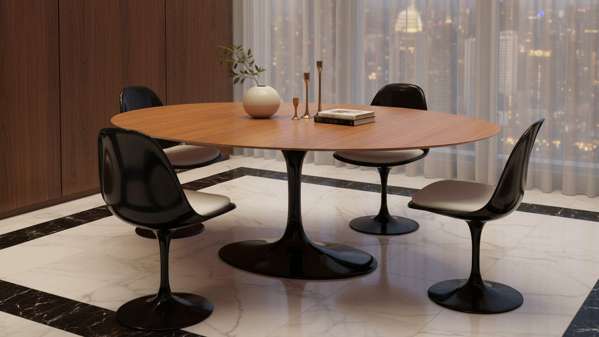Mesa de comedor ovalada Tulip con tablero de madera